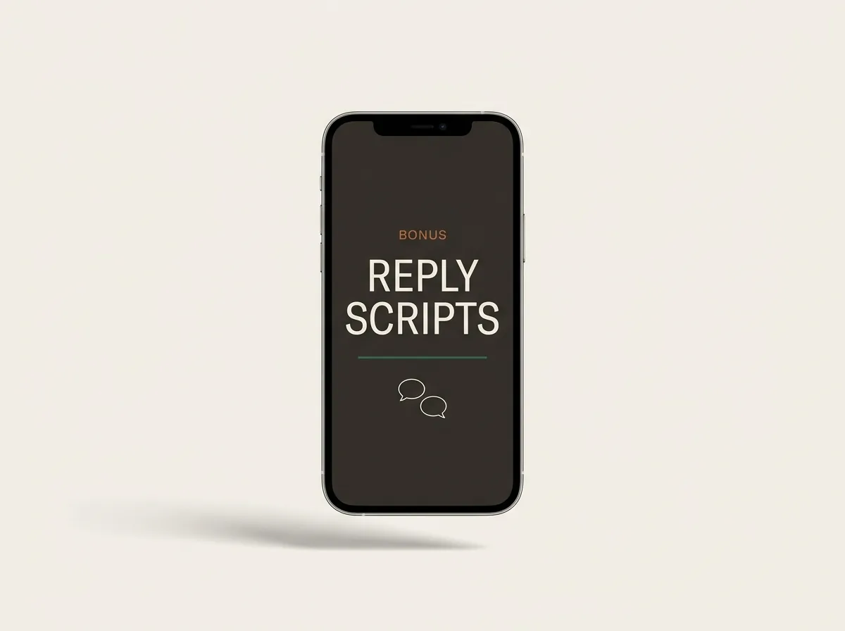 Phone mockup reading Bonus, Reply Scripts with two chat bubbles