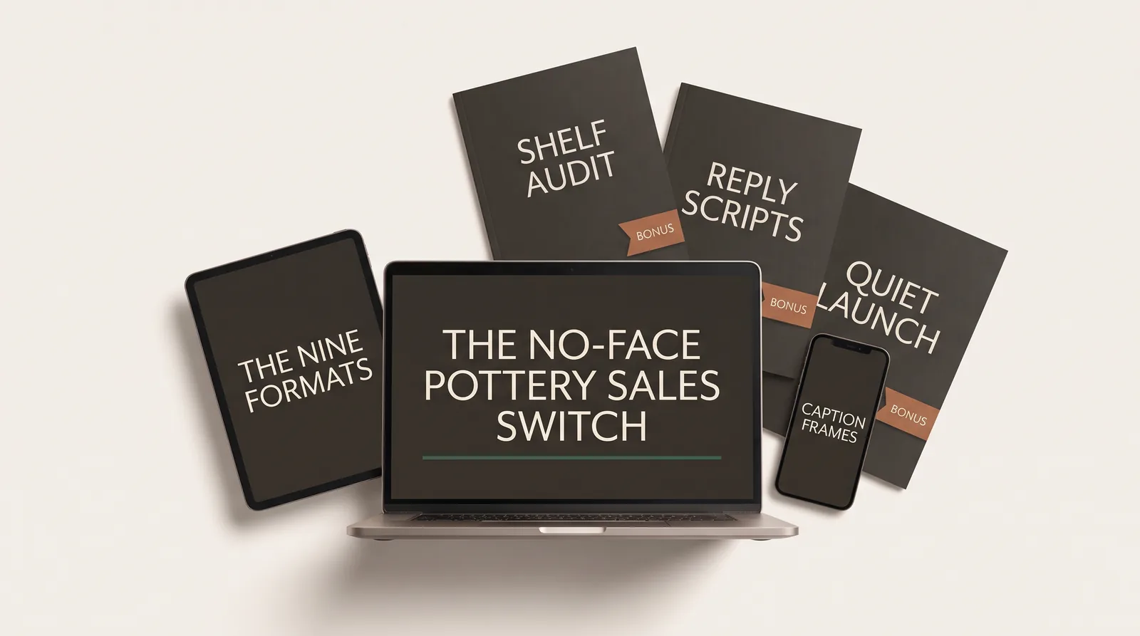 The complete bundle: the nine formats, the caption frames and the five bonuses shown on a laptop, tablet and phone
