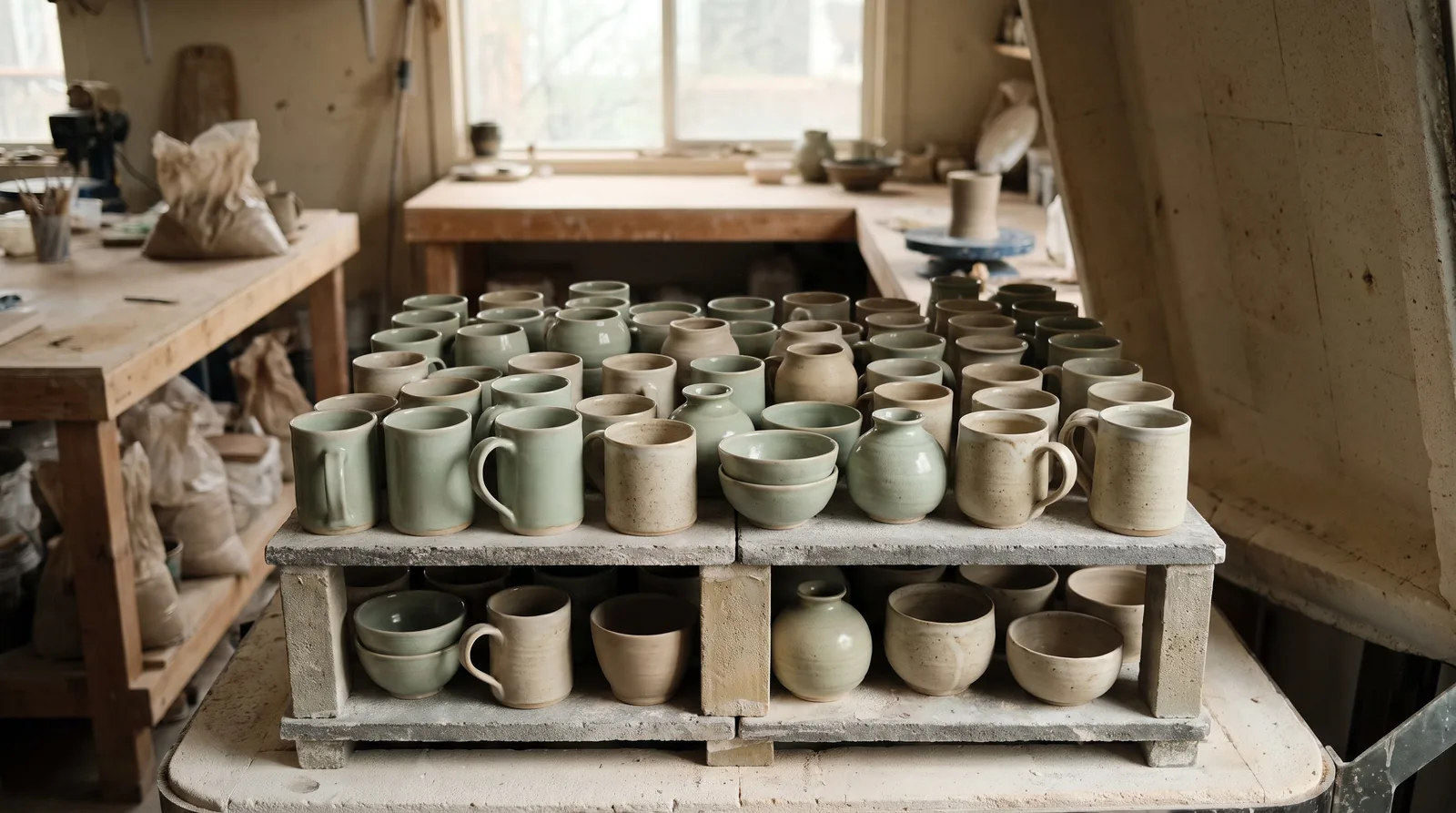 A kiln shelf loaded with finished stoneware mugs, bowls and vases