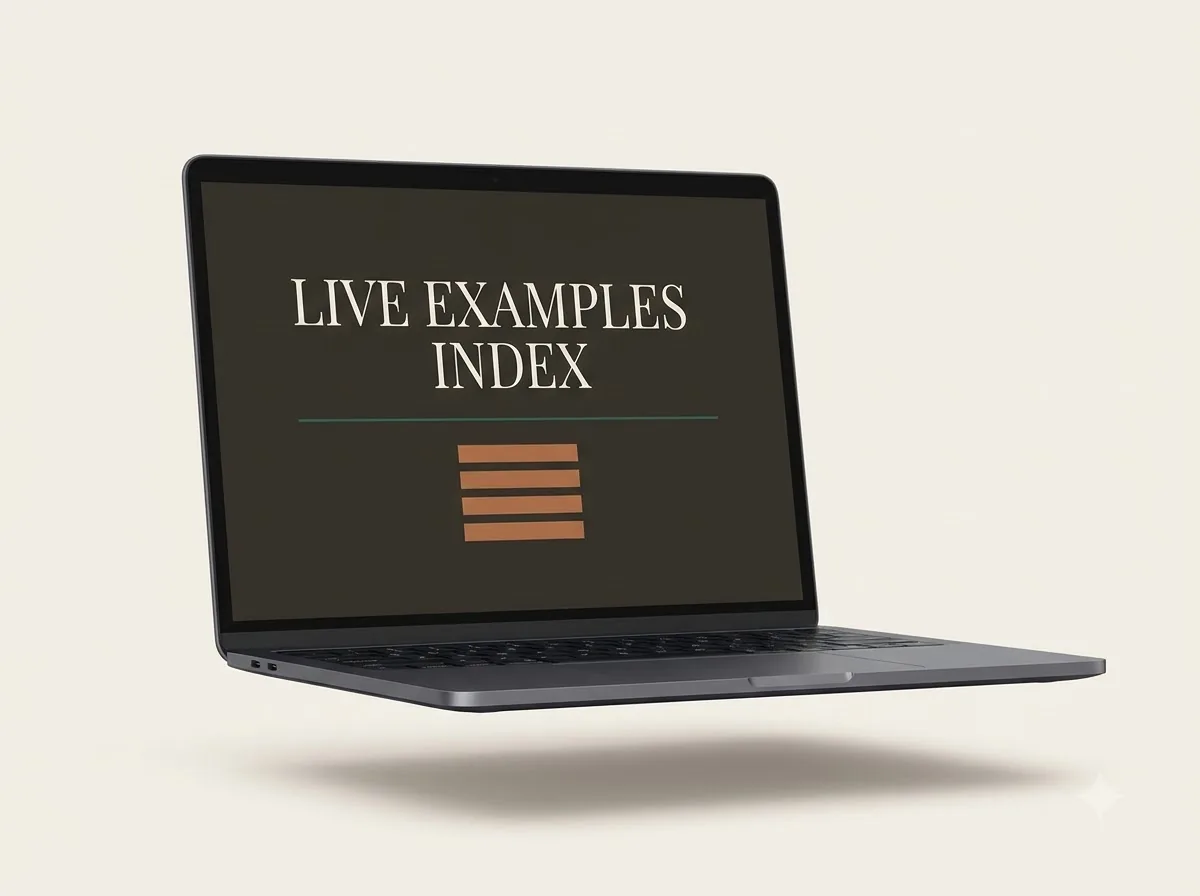 Laptop mockup reading Live Examples Index with a list of links