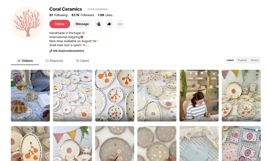 The coral.ceramics TikTok profile: 87.7K followers, 1.1M likes, and a grid of hand-painted plates shot flat on a table.