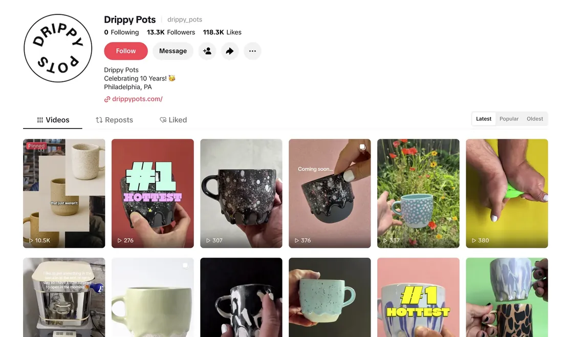 The drippy_pots TikTok profile: 13.3K followers, and a grid of mugs shot against flat colour backgrounds, held up by a hand.