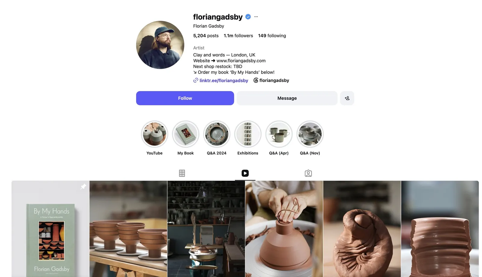 The floriangadsby Instagram profile: 1.1m followers, and a grid of reels showing pots, hands and the wheel with no face in any of them.