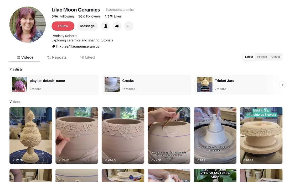 The lilacmoonceramics TikTok profile: 56K followers, 1.3M likes, and a grid of overhead shots of hands carving and decorating pots.
