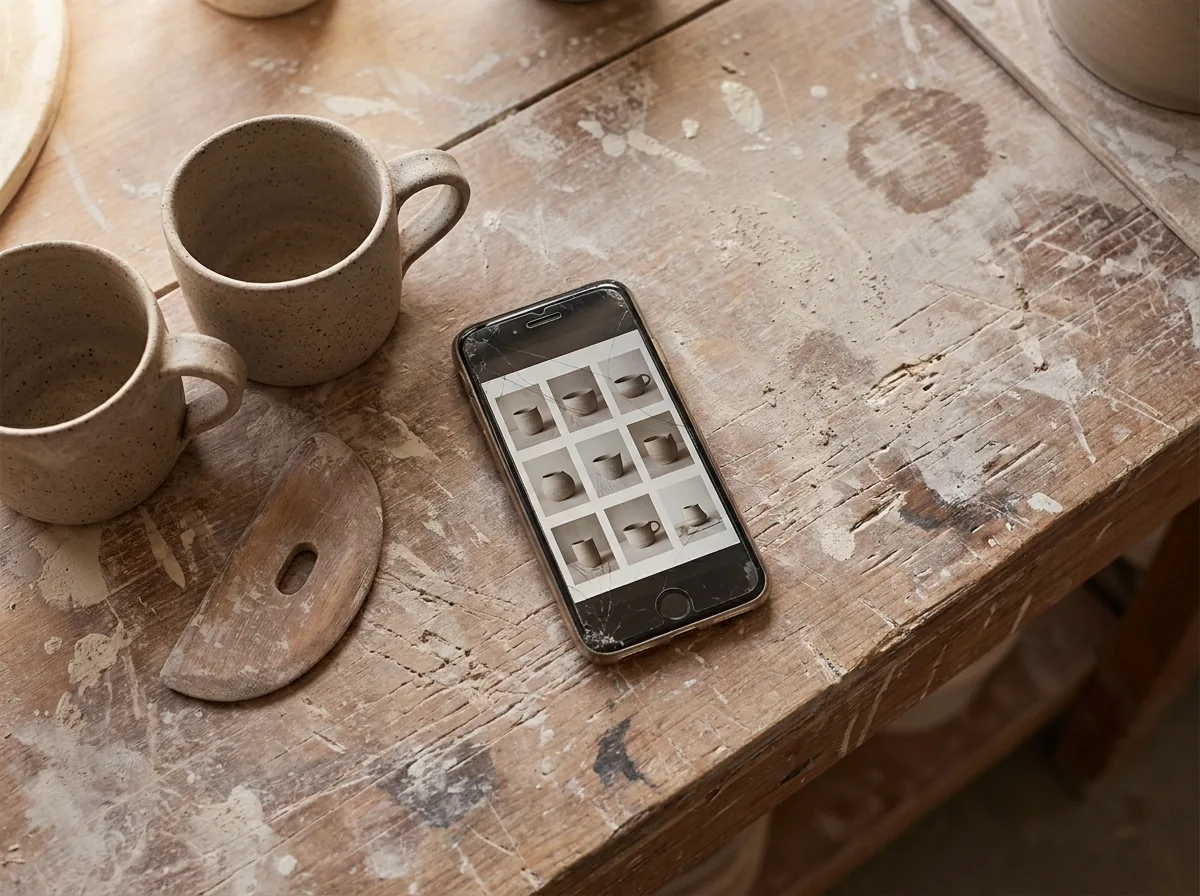 A phone lying on a studio bench beside two unglazed stoneware mugs