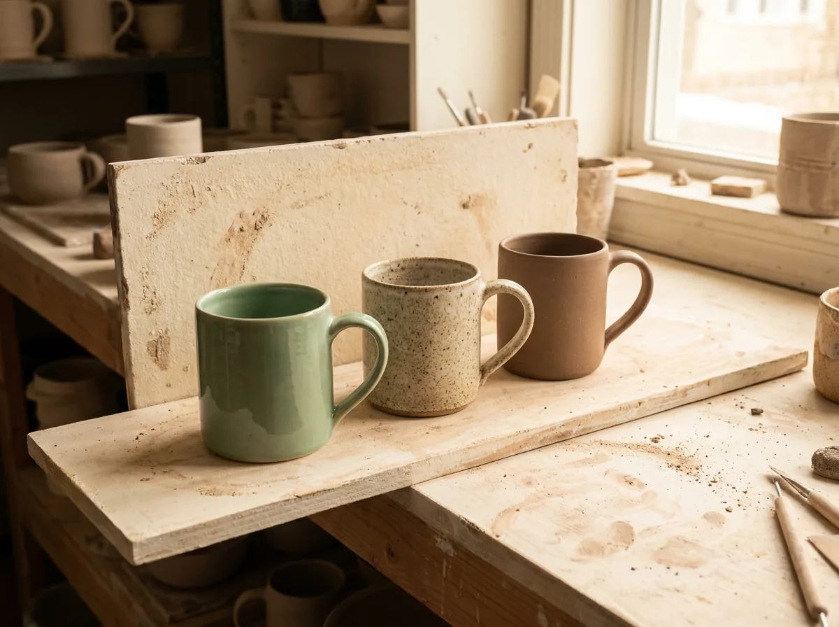 Three finished ceramic mugs in different glazes lined up on a plain surface