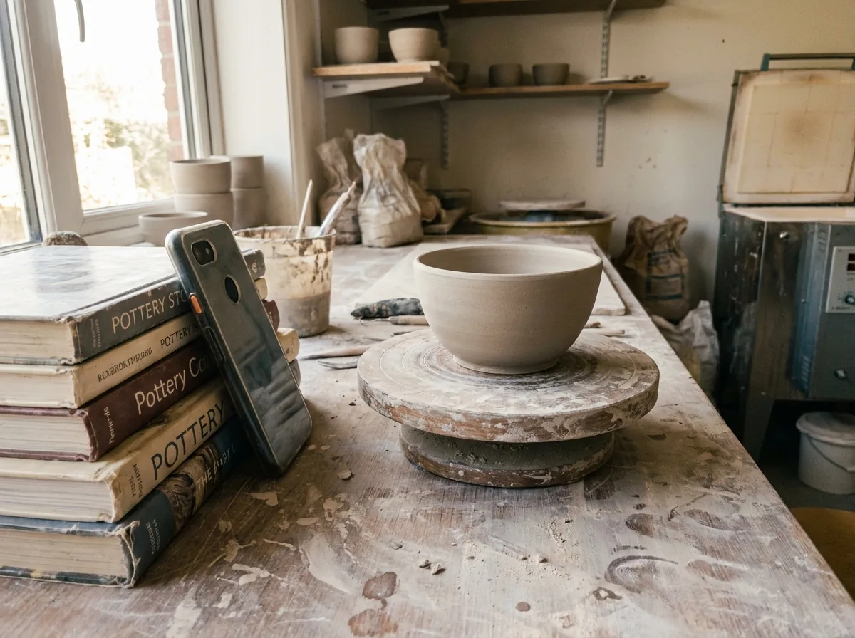A phone propped against books on a bench, aimed at a ceramic bowl on a banding wheel