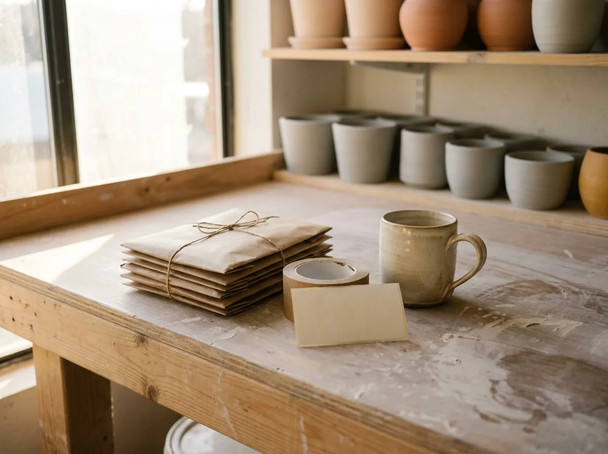 Ceramic pieces wrapped in kraft paper beside a roll of tape and a blank shipping label